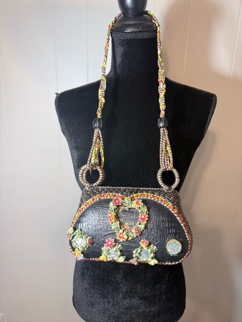 Mary Frances Black Crossbody with Multicolor Floral Beaded Accents